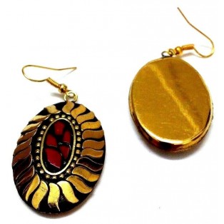 Retro Metal Earring - Ethnic Tribal Fusion - Drop Dangle Hook Long - Leafy Gold 1